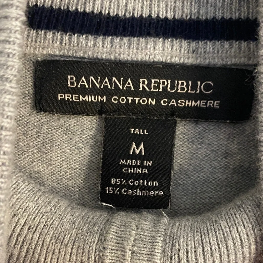 Cashmere Cotton Banana Republic Sweater | Quarter Zip | Gray Navy Stripe Tall M